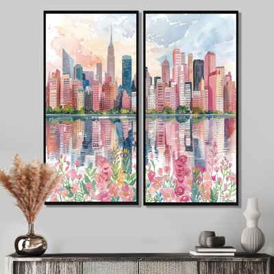 Pink Blue New York City Buildings - Pink Wall Art 2 Pieces