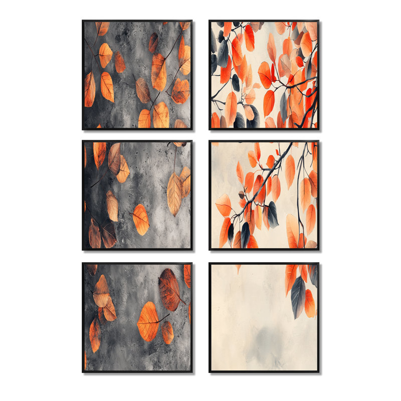 Feuilles d'automne orange - ensemble d'art mural floral de 6, Impression encadrée sans passe-partout, Noir