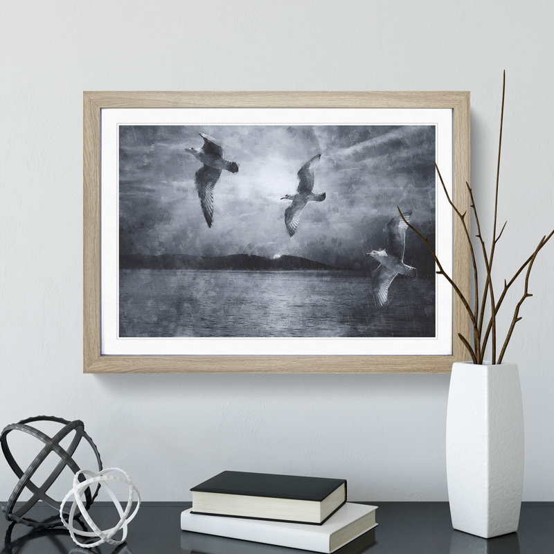 Three Seagulls - Picture Frame Graphic Art, 36cm H x 48cm W x 2cm D, Oak