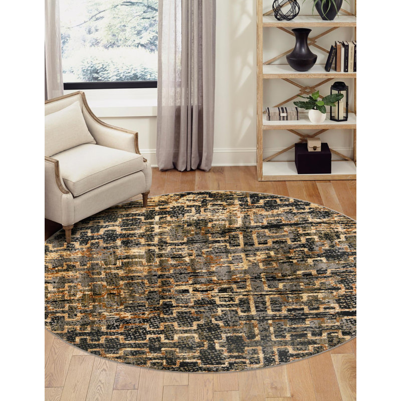Tapis contemporain de couleur bleue et noire, Rond 5 pi 3 po