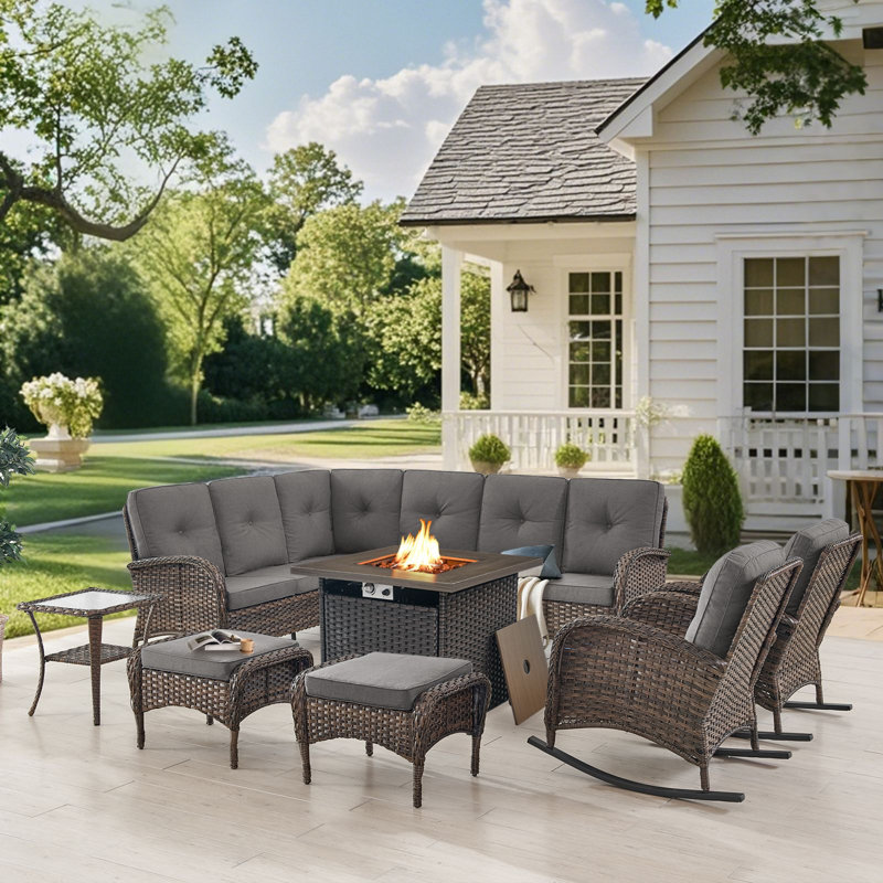 Valierius L-Shaped Outdoor Sectional Sofa Set With Fire Pit, Rocking Chairs & Ottomans, Gray
