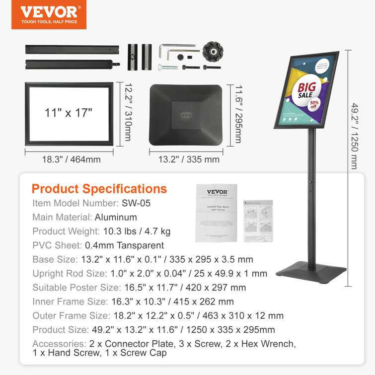 VEVOR Pedestal Sign Holder, 11 x 17 Inch Vertical and Horizontal Adjustable Poster  Stand, Heavy-Duty Floor Standing Sign Holder with Metal Base for Display,  Advertisement, and Outdoor, Black