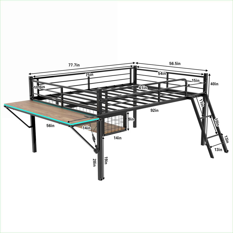 Lit plateforme double Industrial Silhouette, structure classique en fer noir avec bureau intégré et rangement sous le lit pour les petites chambres