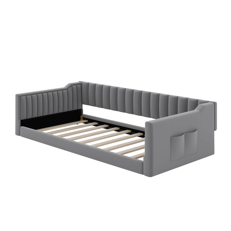 Upholstery Daybed With Side Storage Pocket, Gray, Twin Extra-Long