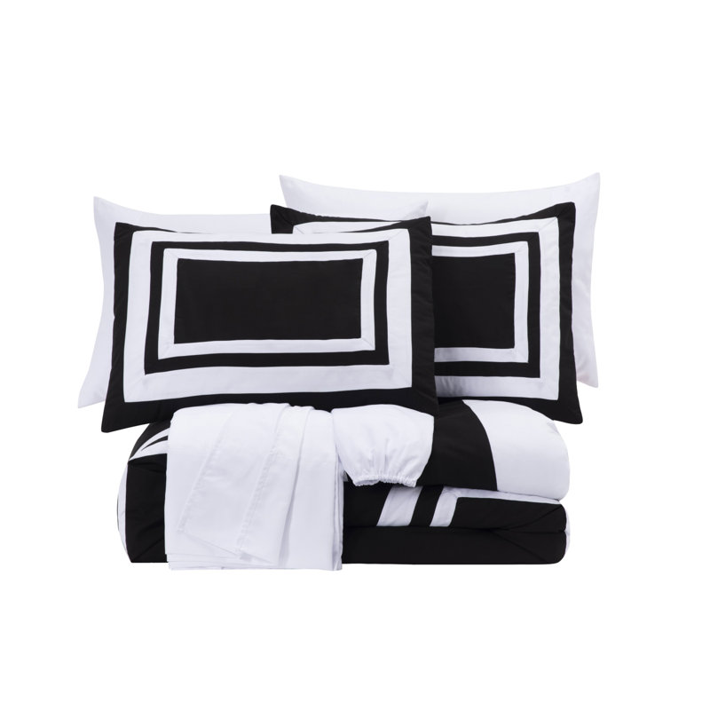 7-Piece Hotel Style Bed in a Bag Comforter Set with Sheets, Black/White, California King Comforter + 6 Additional Pieces