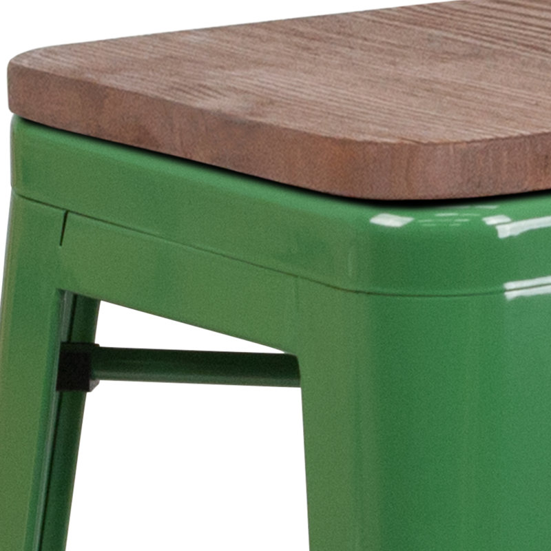 Geraldine 30" High Backless Metal Barstool with Square Wood Seat, Green