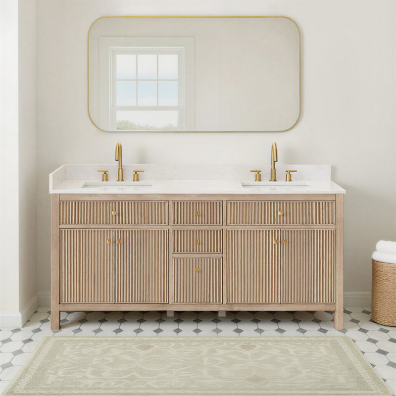 Lala 72" Double Bathroom Vanity with Grain White Engineered Stone Countertop without Mirror, Nature Oak