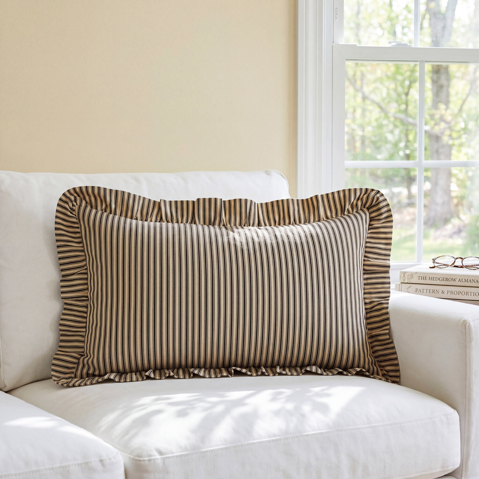 Ruffled Cotton Lumbar Throw Pillow, Dark Crème/Coal Black, Polyester/Polyfill