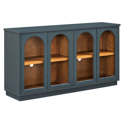 Navy Buffet With Adjustable Shelves. 4-Door Storage For Dining Room. Elegant, Construction. Wire Hole Cabinet Storage. Kitchen. Shelves, ,