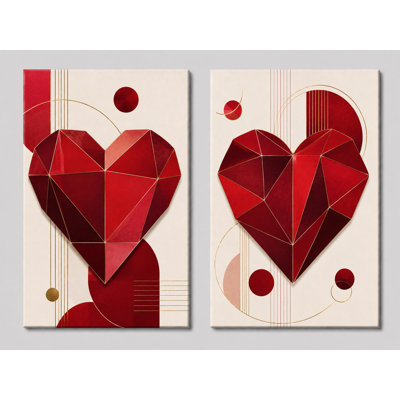 Très grand ensemble de 2 impressions murales géométriques modernes sur toile en forme de cœur géométrique, amour contemporain, impression sur toile 24 x 36 pouces - prêt à être accroché