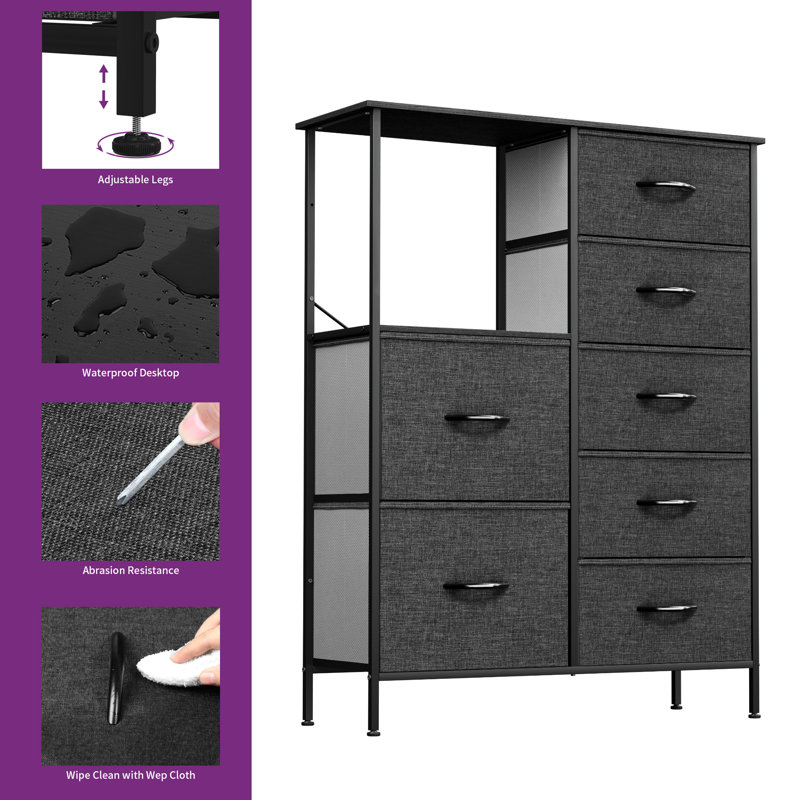 Kamrudeen 33.464566929134'' W 7 - Drawer Dresser, Black/Gray