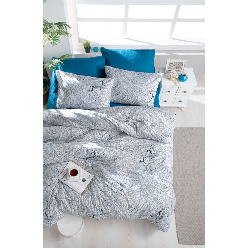 Premium 100% Cotton Ranforce Single Quilt Cover Set, White & Blue, 55.1 x 78.7 inches Duvet Cover & 23.6 x 23.6 inches Pillowcase | Soft, Durable, 142 Thread Count, Button & Envelope Closure | Machine Washable