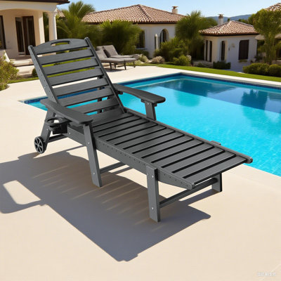 Lounge Chair Ourdoor With 6-Position Adjustable Back, HDPE Patio Chaise With Wheels And Cup Holder, Grey
