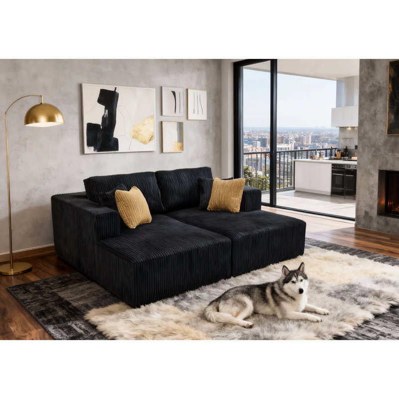 Chaises longues 2 places entièrement rembourrées en velours côtelé noir comprimé, aucun assemblage requis, rembourrage en mousse pour un soutien optimal, profondeur 193 cm, largeur 163 cm, hauteur 86 cm, avec coussins décoratifs, assemblage requis, rembourrage inclus.
