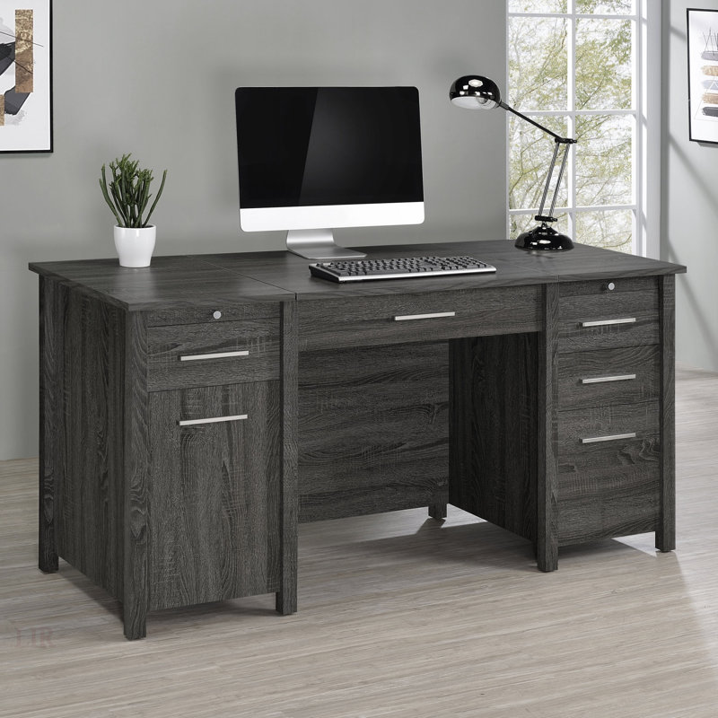 Rayna Weathered Grey 4-Drawer Office Desk With Lift Top And Ample Storage, Perfect For Modern Workspaces, Gray