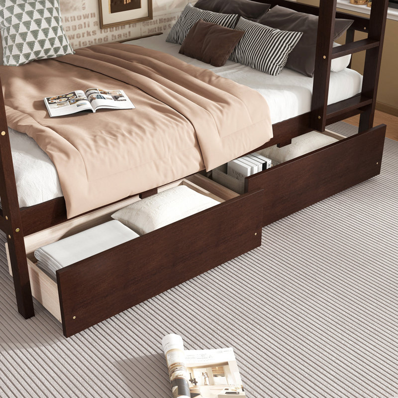 Rubber Wood Bunk Bed with Drawers, Ladder, and Guardrails, Gray, Full XL