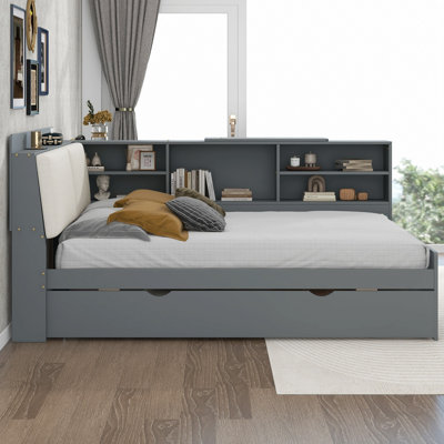 Lit plateforme pour chambre à coucher avec tête de lit de rangement, lit gigogne et tablettes, cadre de lit plateforme pour chambre à coucher