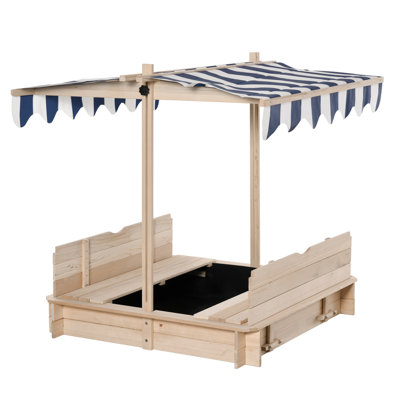 Wooden Kids Sandbox With Cover, Children Outdoor Sand Box With Foldable Bench Seats, Adjustable Canopy, Bottom Liner For Outdoor