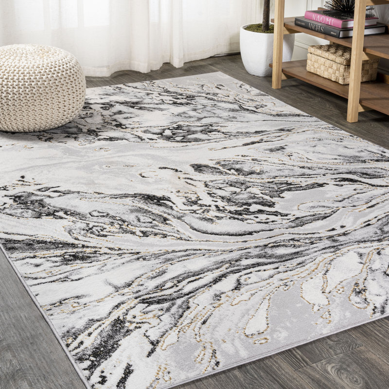 Swirl Marbled Abstract Gray/Black Rug, Rectangle 2'9" x 5'