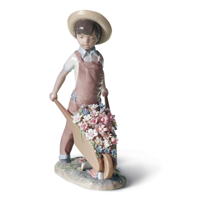 Springtime Gardener with Wheelbarrow Porcelain Figurine