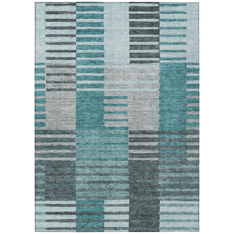 Tapis bleu 8 pi x 10 pi bleu sarcelle à rayures turquoise et gris lavable