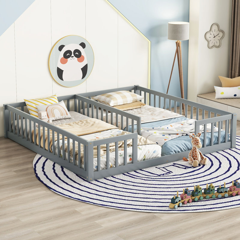 Lit de plancher avec clôture, garde-corps, sans porte, Gris