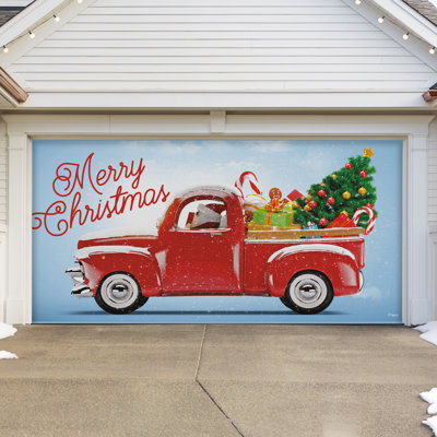 Bannière de porte de garage rétro vintage rouge en forme de camion et arbre 7 pi x 16 pi - Décorations des Fêtes pour l'extérieur