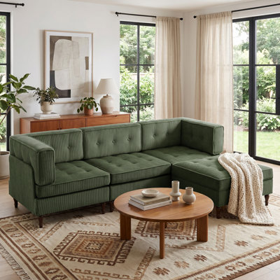 4 - Piece Upholstered Green Tufted Corduroy Modular Sectional with Pillow Back and Removable Flip-Tray Top Storage Ottoman