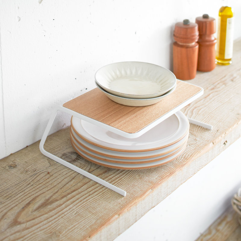 White Steel and Wood Small Dish Riser