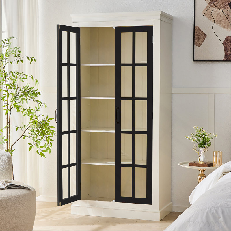 71.2'' Freestanding Glass Door Pantry, Farmhouse Style Display Cabinets, Curio Cabinet With Lattice Window For Hallways, Livingroom Kitchen & Office, White & Balck