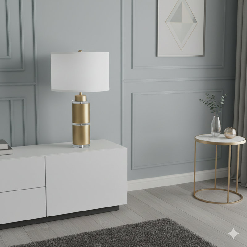 Lampe de table cylindrique dorée et blanche D15x25,5 "avec abat-jour tambour (assemblage de l'abat-jour requis)