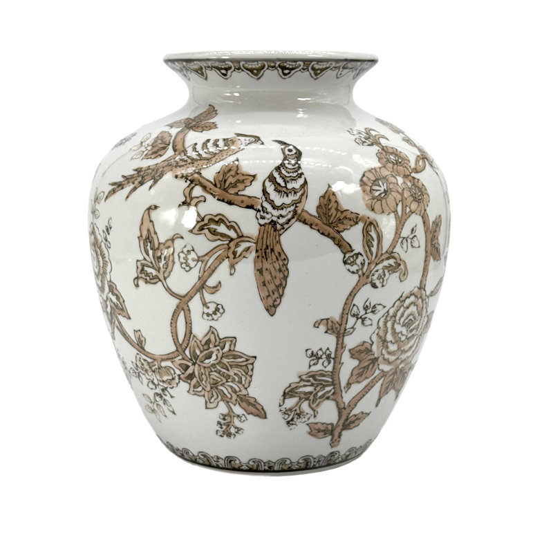 Brown Ceramic Chinoiserie Vase 10"