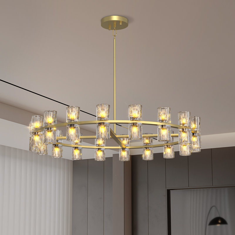 Wagon Wheel Chandelier with Crystal Shade, Gold, 36 Lights, 103.1" H x 35.8" W x 35.8" D