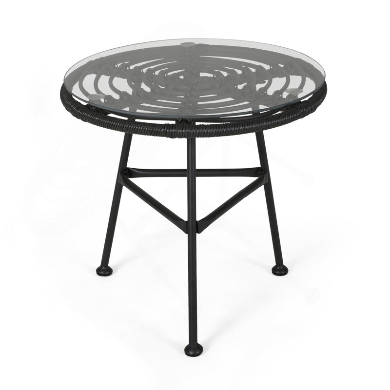 Orlando Outdoor Glass Top Faux Rattan Side Table,Tempered Glass Top End Table For Balcony Porch Deck, Gray