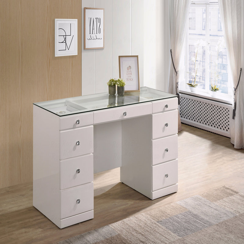 Ensemble de coiffeuse 1 pièce avec plateau en verre et 9 boutons en bois blanc, Blanc