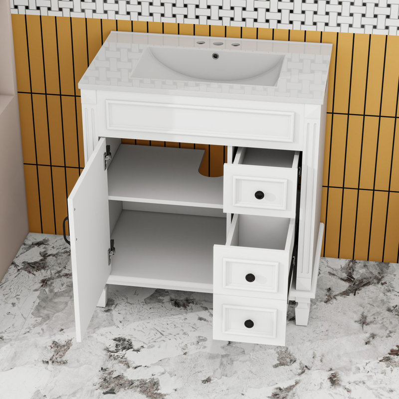 Meuble-lavabo autoportant avec lavabo en céramique, 2 tiroirs et tablette de rangement réglable, Blanc