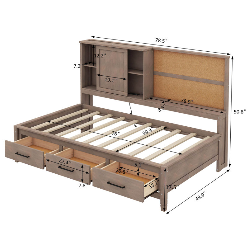 Cara Twin Size Lounge Daybed with Storage Shelves, Antique Wood