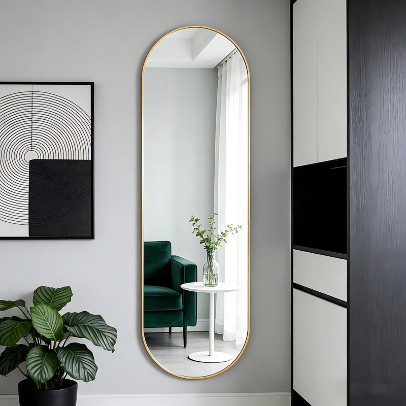 Tempered Glass and Aluminum Alloy Framed Pill Shaped Full Lenghth Mirror, Gold, 63" x 20", Oval