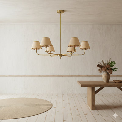 Un lustre doré de 38 pouces à six lampes avec abat-jour en rotin tissé à la main. Ce luminaire suspendu Mid-Century convient aux salles à manger, aux salons ou aux cuisines (l'ampoule n'est pas incluse).