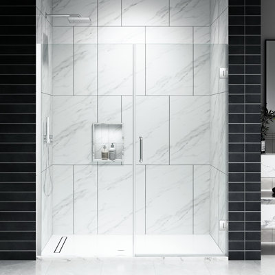 Série E de 55 po - 66 po X P 72 po Porte de douche à charnière en verre sans cadre | Réglage de la largeur de 1 pouce pour chaque taille | Verre trempé de 3/8 po d'épaisseur | Ajustement des murs inégaux