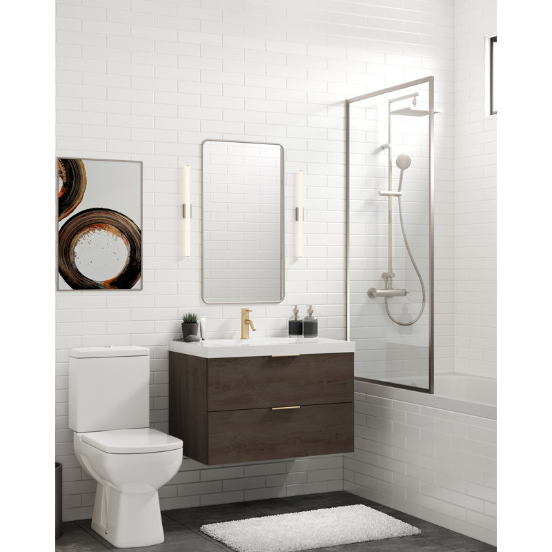 Avila 30" W Wall Mounted Single Bathroom Vanity, Gloss White/Single, White Acrylic, Satin Brass