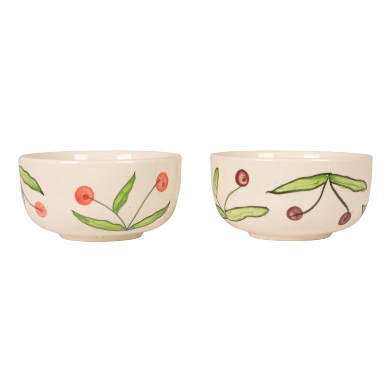 Hand‑Painted Stoneware Bowl Set With Cherry Motif