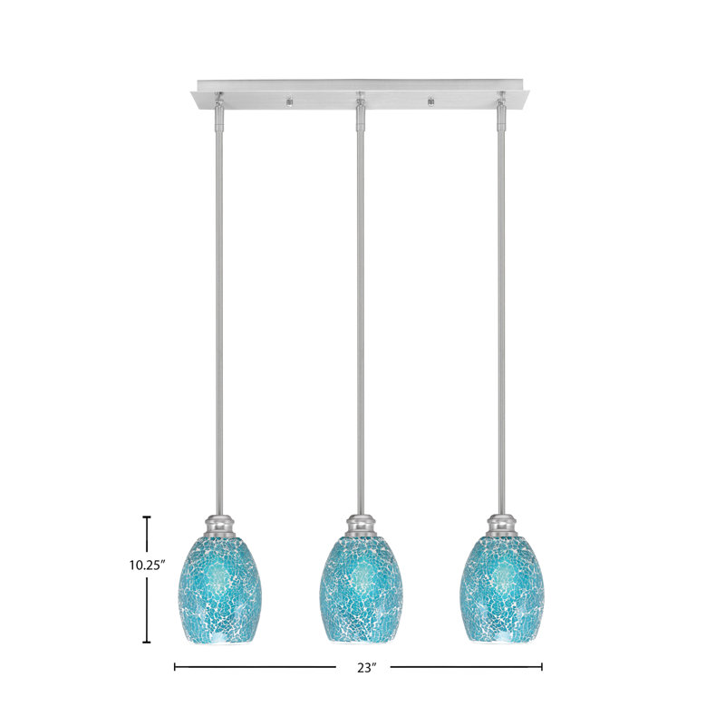 Luminaire suspendu linéaire 3 lumières Edge avec verre de fusion 5 po Edge, Fusion turquoise, Nickel brossé
