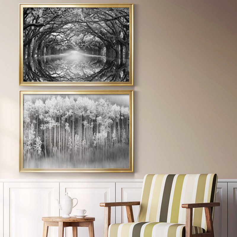 Oak Alley Reflection - reproduction de photo sur toile encadrée, Or, H 22,5 po x l 61 po x P 1,5 po, Blanc