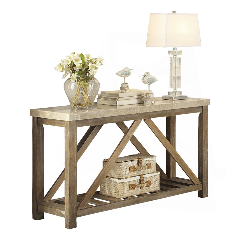Industrial Style Angled Support Sofa Table With Marble Top And Bottom Shelf, Ideal For Living Room Decor.