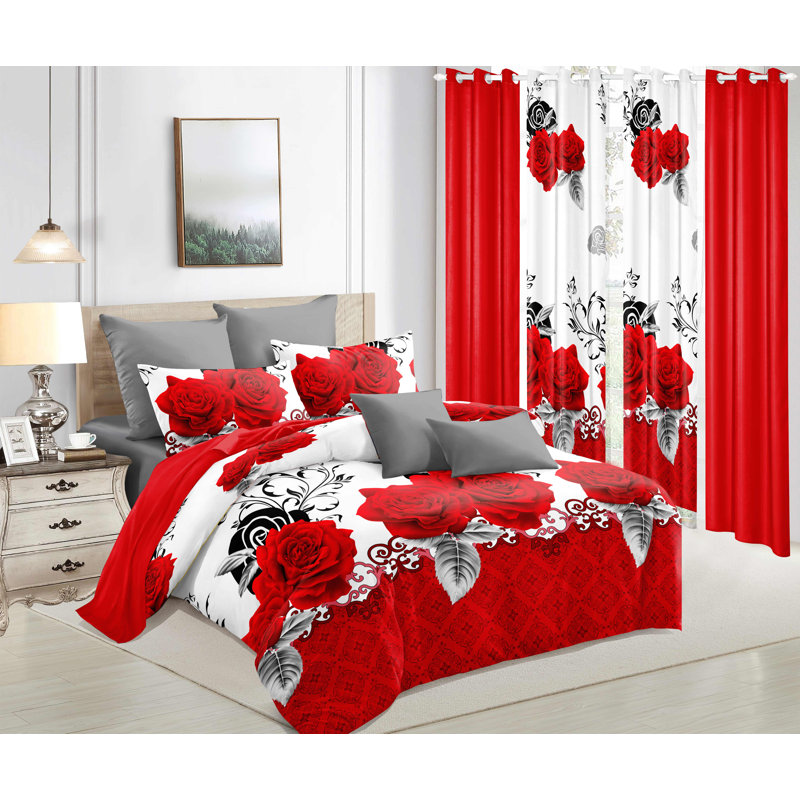 9 Pieces Bedspread Bedding Set with Matching Curtains,Queen Size,Red Rose Print,Coverlet Quilted Bed Throw,Bedcover,Red and White,Machine Washable,Gift for Wedding and Fastival