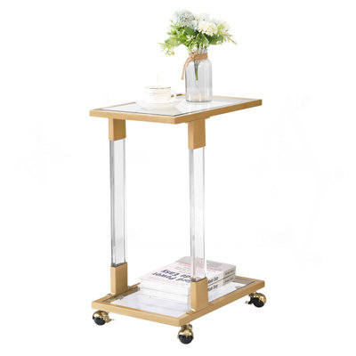 Golden Side Table, Acrylic Sofa Table, Glass Top C Shape Square Table with Metal Base for Living Room, Bedroom, Balcony Home and Office