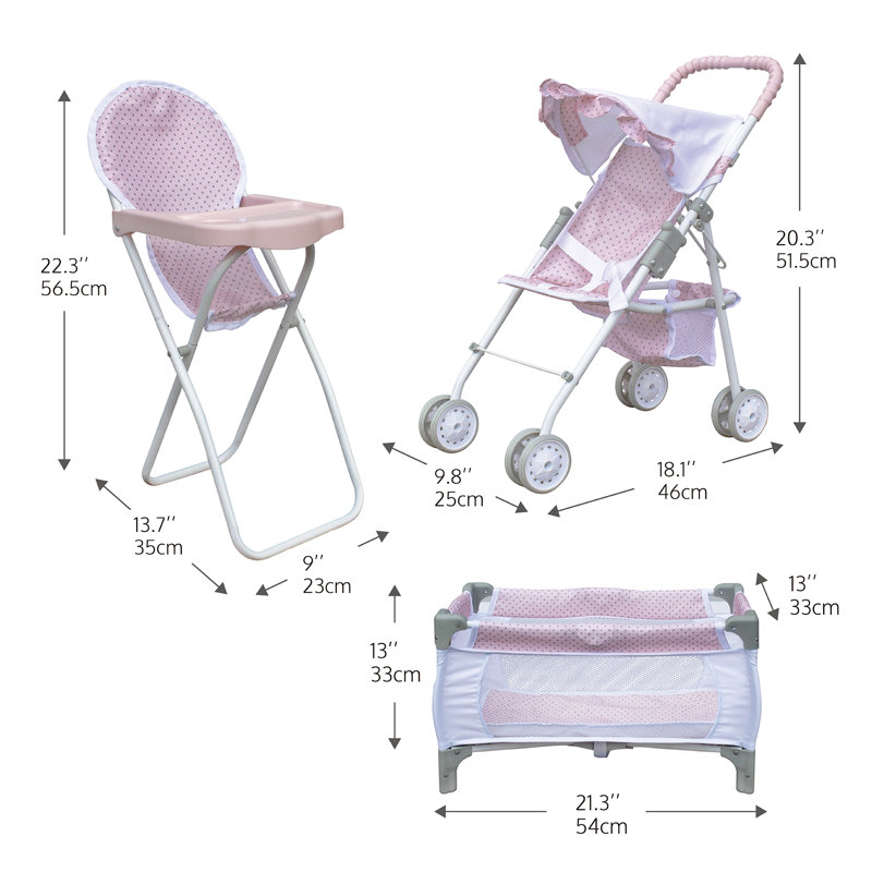  3-in-1 Doll Pushchair Stroller, Doll High Chair and Cot Set