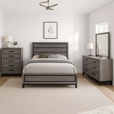 Ensemble de chambre à coucher contemporaine 3 pièces avec lit à panneaux très grand, commode et miroir encadré, finition grise et noire