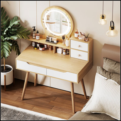 Makeup Vanity Desk with 3 Adjustable Lighted Mirror, Solid Wood Legs, 4 Drawers, and 3 Open Shelves for Small Bedrooms